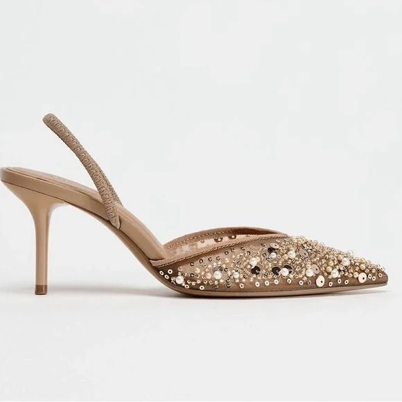 Zara | Shoes | Zara Beaded Mesh Slingback Heels | Poshmark